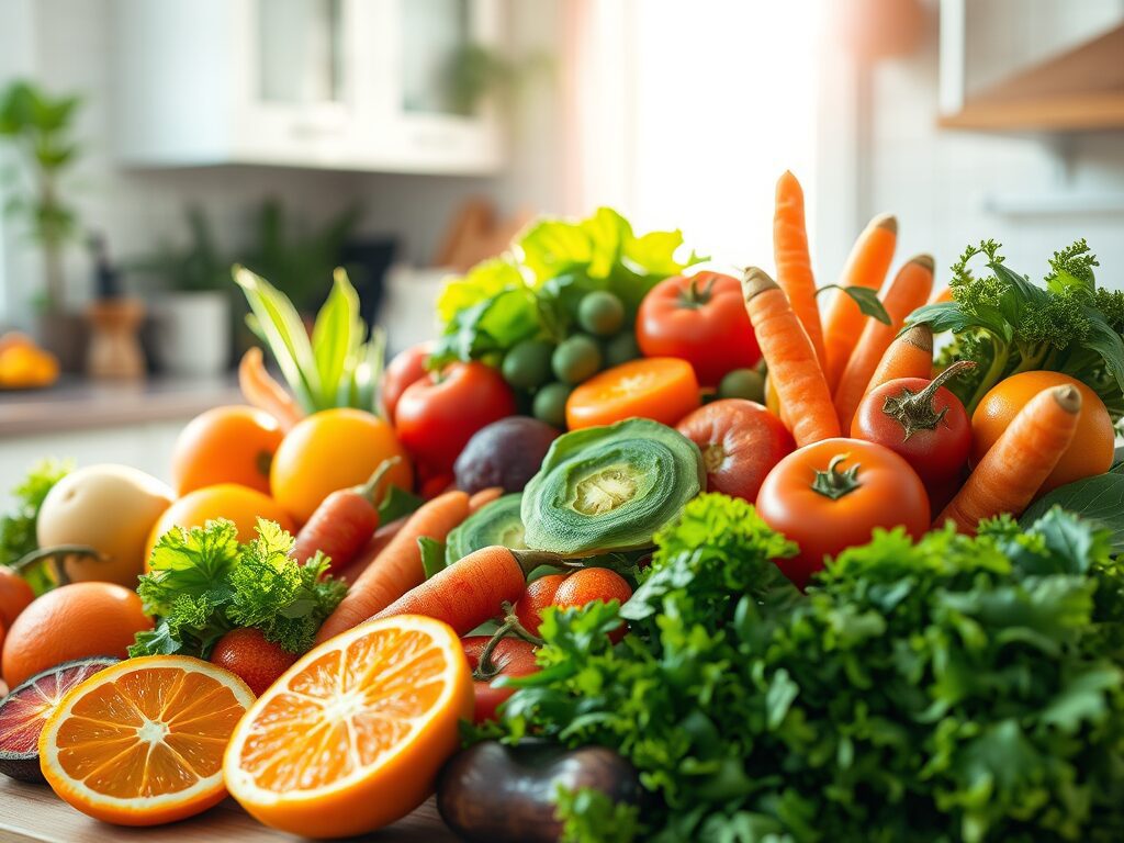 A table topped with lots of fresh fruits and vegetables.